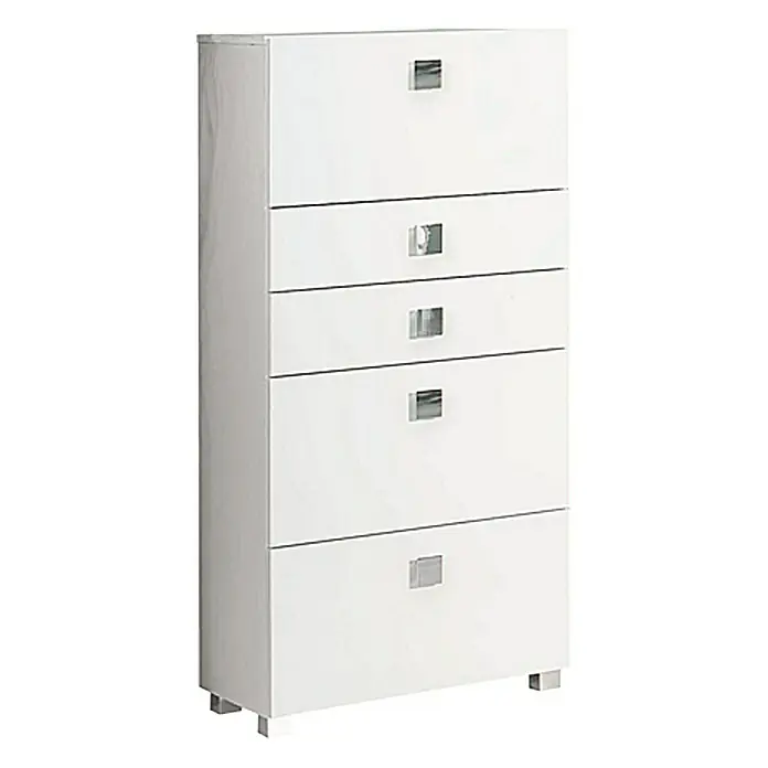 Schildmeyer Carree Highboard - 65 x 34,5 x 133,5 cm, Weiß - Weiße Hochglanzkommode mit fünf Schubladen und quadratischen Metallgriffen für moderne Schlafzimmer oder Ankleidezimmer.