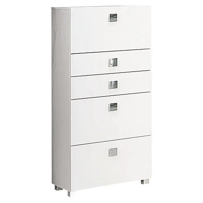 Schildmeyer Carree Highboard - 65 x 34,5 x 133,5 cm, Weiß - Weiße Hochglanzkommode mit fünf Schubladen und quadratischen Metallgriffen für moderne Schlafzimmer oder Ankleidezimmer.