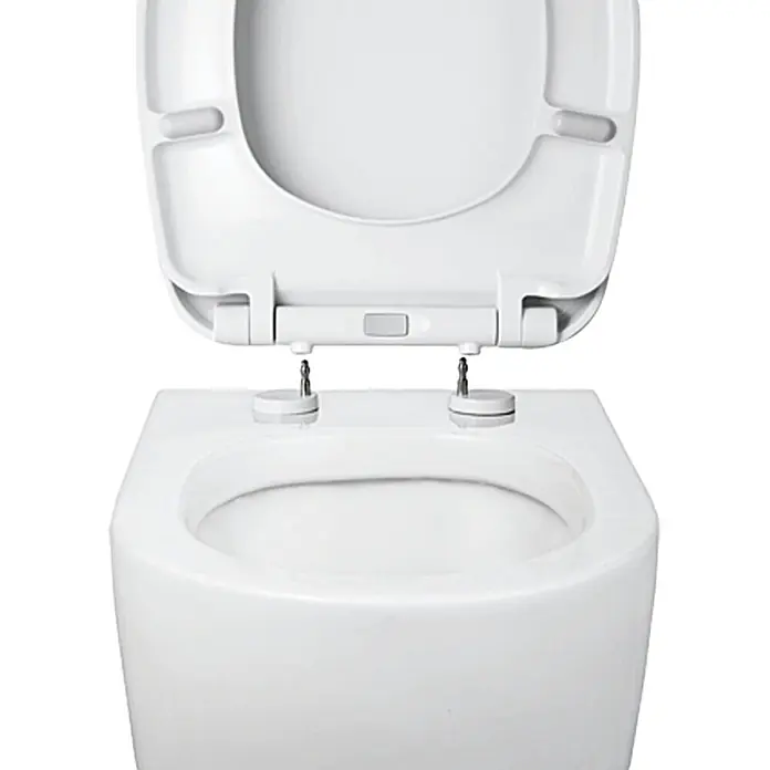 WC-Sitz Siracusa - Duroplast, Weiß, Mit Absenkautomatik - Ein weißes, wandhängendes WC mit offenem Deckel. Die moderne Keramiktoilette ist quadratisch geformt und präsentiert sich sauber.
