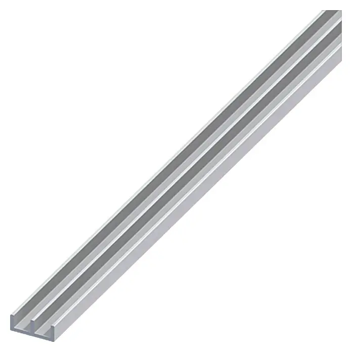 Kantoflex Schiebetür Schiene - 2.500 x 15,9 x 6 mm, Silber - Ein graues Aluminiumprofil mit zwei Rillen, ideal für verschiedene Konstruktionsanwendungen.