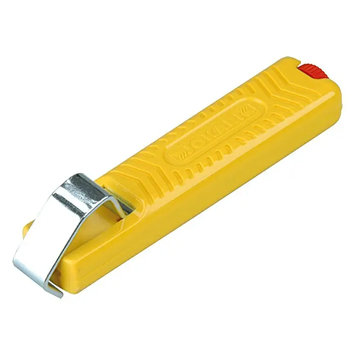 Jokari Kabelmesser - Titan-Nitrid-Beschichtung - Gelber Kabelabmantler von Jokari mit Metallclip und rotem Knopf zum präzisen und einfachen Abisolieren von Kabeln.