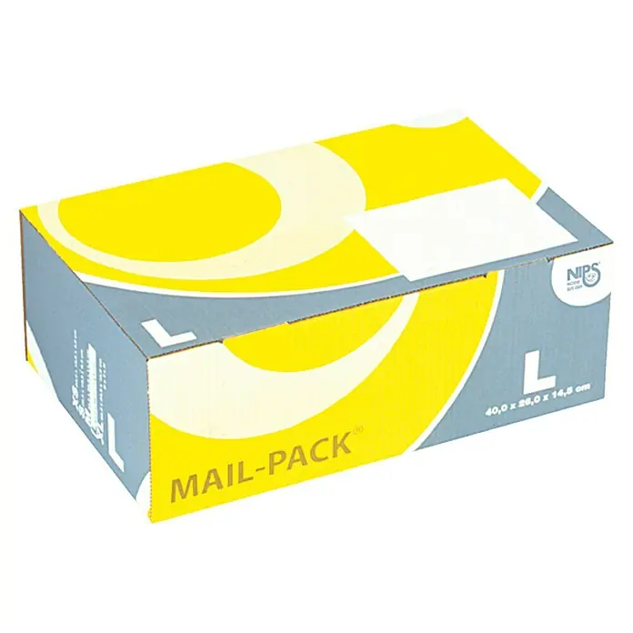 Mail-Pack Verpackungskarton - L x B x H: 400 x 260 x 145 mm - Nahaufnahme eines "Mail-Pack" Versandkartons der Größe L in Gelb und Grau, ideal für den sicheren Versand von Waren.
