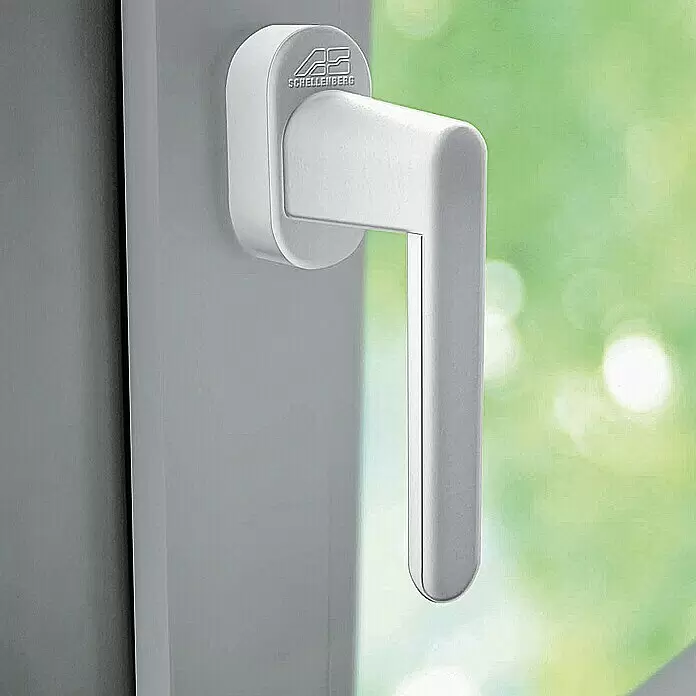 Schellenberg Manilla de ventana con alarma - Blanco, 115 dB - Manilla de ventana blanca SCHELLENBERG, instalada en un marco de ventana.
