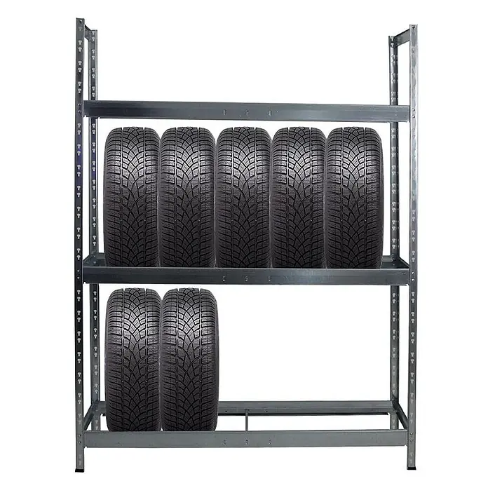 Set Deal 4x Reifenregal Tiger XL 200x150x45cm 300kg 72 Reifen Verzinkt -  - Verzinktes Metallregal mit zwei Etagen, auf dem fünf Winterreifen oben und zwei unten gelagert sind.