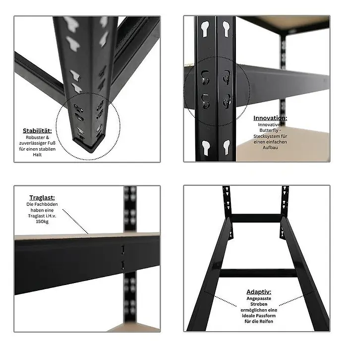 Set Deal 2x Reifenregal Tiger 180x120x40cm 12 Reifen 2 Ebenen Schwarz -  - Schwarzes Metallregal mit robustem Fuß, innovativem Stecksystem und 150 kg Traglast pro Boden.