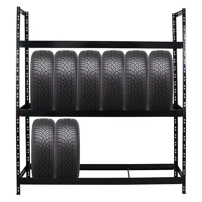 Set Deal 5x Reifenregal Tiger XL 200x180x45cm 300kg 105 Reifen Schwarz -  - Schwarzes Metall-Regal mit zwei Ebenen für Reifen. Oben sechs Reifen, unten zwei.