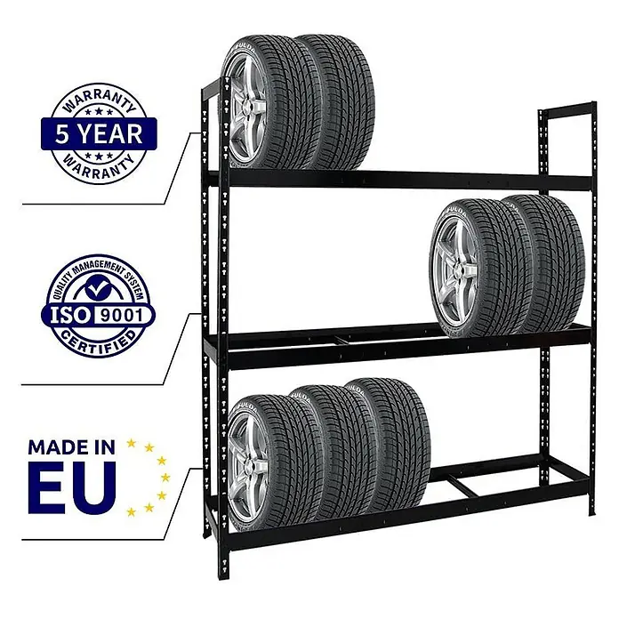 Set Deal 5x Reifenregal Tiger XL 200x180x45cm 300kg 105 Reifen Schwarz -  - Schwarzes Metall-Reifenregal mit mehreren Autoreifen.