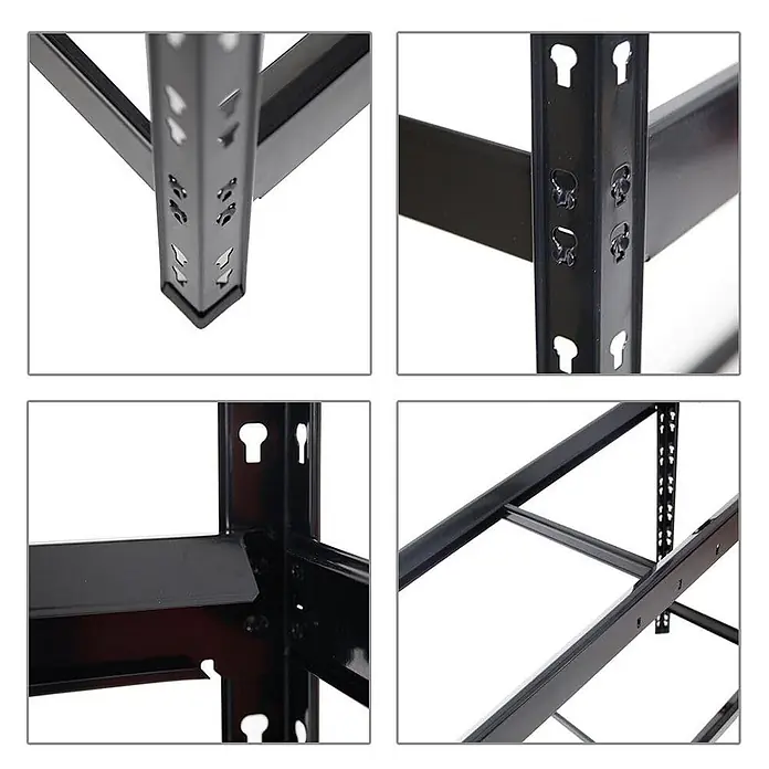 Set Deal 5x Reifenregal Tiger XL 200x180x45cm 300kg 105 Reifen Schwarz -  - Detaillierte Ansichten eines schwarzen Metallregals, das aufrechte Pfosten mit Schlüssellochschlitzen, Querbalken und einen Eckfuß zeigt.
