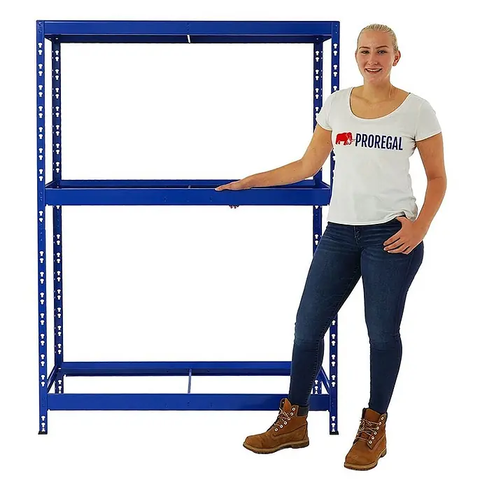 Set Deal 2x Reifenregal Tiger 180x130x50cm 24 Reifen mit Fachboden Blau -  - Blaues Metallregal mit zwei Hauptebenen, mit einer Frau zur Größenveranschaulichung.