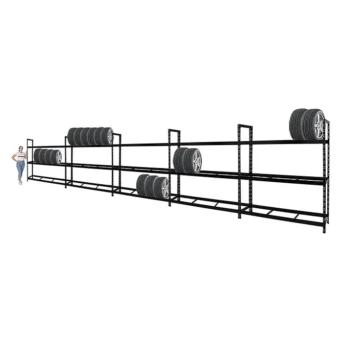 Set Deal 5x Reifenregal Tiger XL 200x180x45cm 300kg 105 Reifen Schwarz -  - Schwarzes Metall-Reifenlagerregal mit mehreren Ebenen, beladen mit Reifen, daneben eine Person als Größenvergleich.