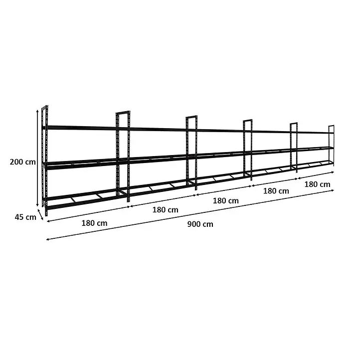 Set Deal 5x Reifenregal Tiger XL 200x180x45cm 300kg 105 Reifen Schwarz -  - Lange schwarze Metallregaleinheit mit mehreren Ebenen für Schwerlastlagerung, 200 cm hoch, 45 cm tief, 900 cm lang.
