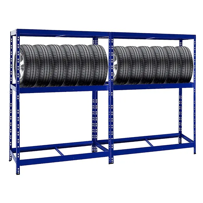 Set Deal 2x Reifenregal Tiger 180x130x50cm 24 Reifen mit Fachboden Blau -  - Blaues Metall-Reifenregal mit zwei Ebenen, bestückt mit mehreren Autoreifen.