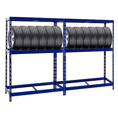 Set Deal 2x Reifenregal Tiger 180x130x50cm 24 Reifen mit Fachboden Blau