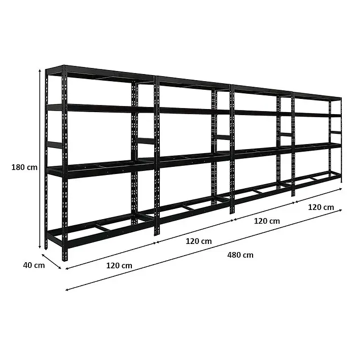 Set Deal 4x Reifenregal Tiger 180x120x40cm 12 Reifen 2 Ebenen Schwarz -  - Schwarzes Metallregal, 180 cm hoch, 40 cm tief und 480 cm lang, mit mehreren Böden.