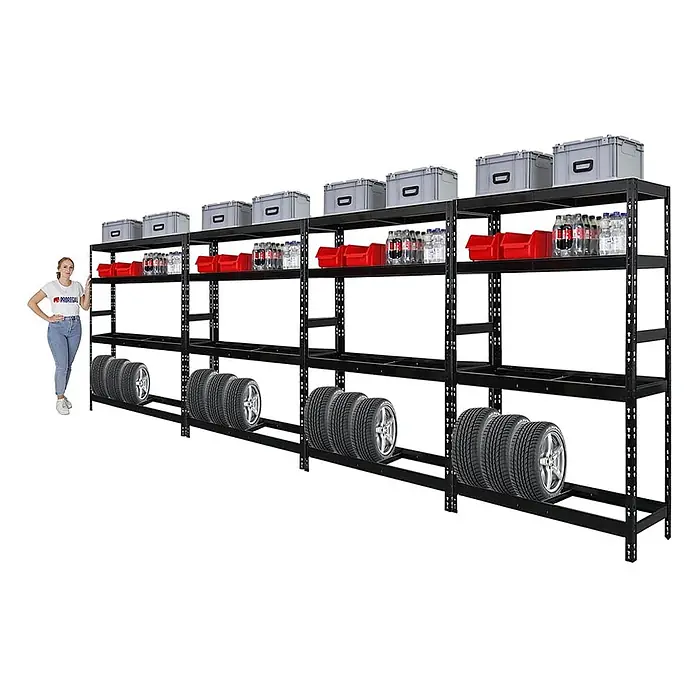Set Deal 4x Reifenregal Tiger 180x120x40cm 12 Reifen 2 Ebenen Schwarz -  - Großes schwarzes Metallregal mit mehreren Ablagen, gefüllt mit Aufbewahrungsboxen, Behältern, Flaschen und Autoreifen. Eine Person steht daneben zur Größenreferenz.