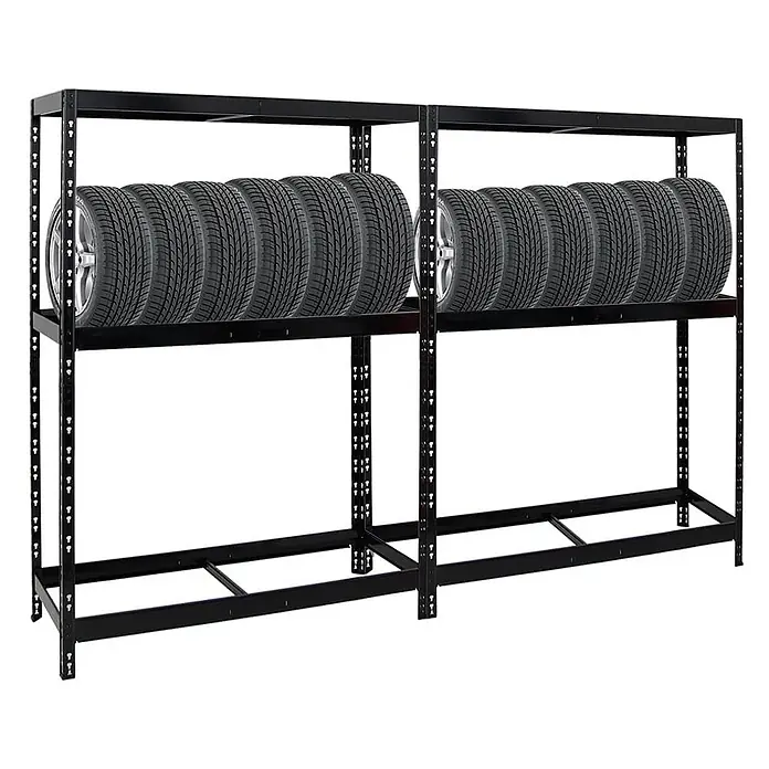 Set Deal 2x Reifenregal Tiger 180x130x50cm 24 Reifen mit Fachboden Schwarz - 