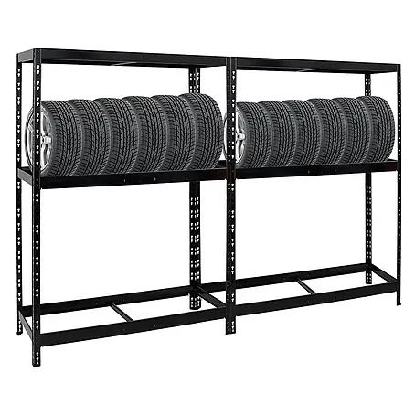 Set Deal 2x Reifenregal Tiger 180x130x50cm 24 Reifen mit Fachboden Schwarz