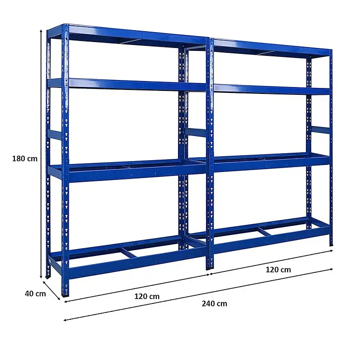 Set Deal 2x Reifenregal Tiger 180x120x40cm 12 Reifen 2 Ebenen Blau -  - Zwei blaue Schwerlast-Metallregale, 180x240x40 cm, mit verstellbaren Böden zur Lagerung.
