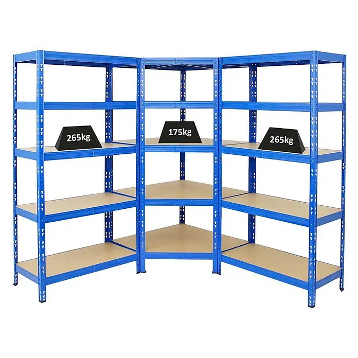 Set Deal Tiger 1x Eckregal + 2x Schwerlastregal 180x90x45cm 265 kg Blau -  - Blaues Eckregalsystem aus Metall mit Holzablagen, das eine hohe Tragfähigkeit von bis zu 265 kg pro Boden zeigt.