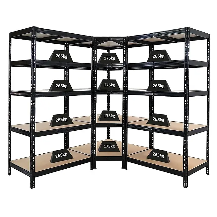Set Deal Tiger 1x Eckregal + 2x Schwerlastregal 180x90x60cm 265 kg Schwarz -  - Schwarzes Eckregal aus Metall mit Holzablagen, Lastkapazität bis 265kg pro Boden gezeigt.