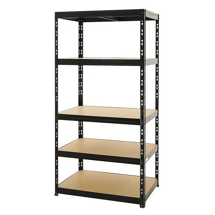 Set Deal Tiger 1x Eckregal + 2x Schwerlastregal 180x90x60cm 265 kg Schwarz -  - Schwarzes Metallregal mit fünf hellbraunen Holzablagen.