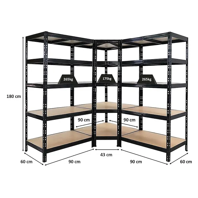 Set Deal Tiger 1x Eckregal + 2x Schwerlastregal 180x90x60cm 265 kg Schwarz -  - Schwarzes Eckregal aus Metall, 180 cm hoch, 60 cm tief, mit 90 cm breiten Abschnitten. Regalböden tragen 265 kg (Ecke 175 kg).