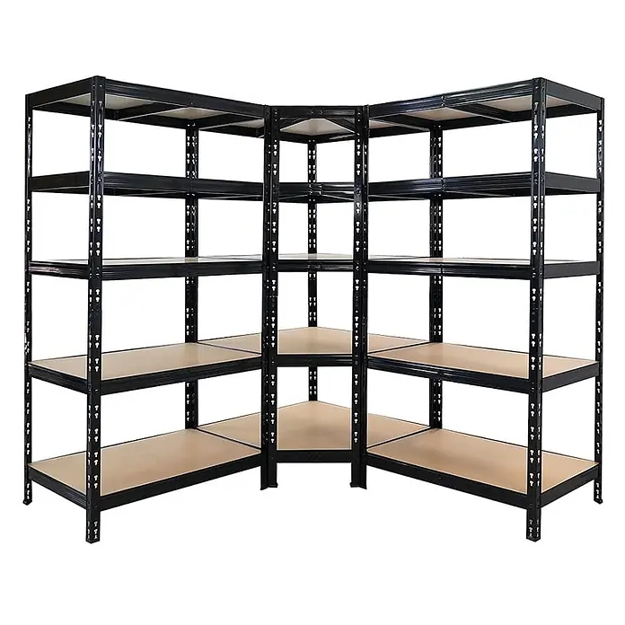 Set Deal Tiger 1x Eckregal + 2x Schwerlastregal 180x90x60cm 265 kg Schwarz -  - Schwarzes Metall-Eckregal mit fünf hellbraunen Holzablagen.
