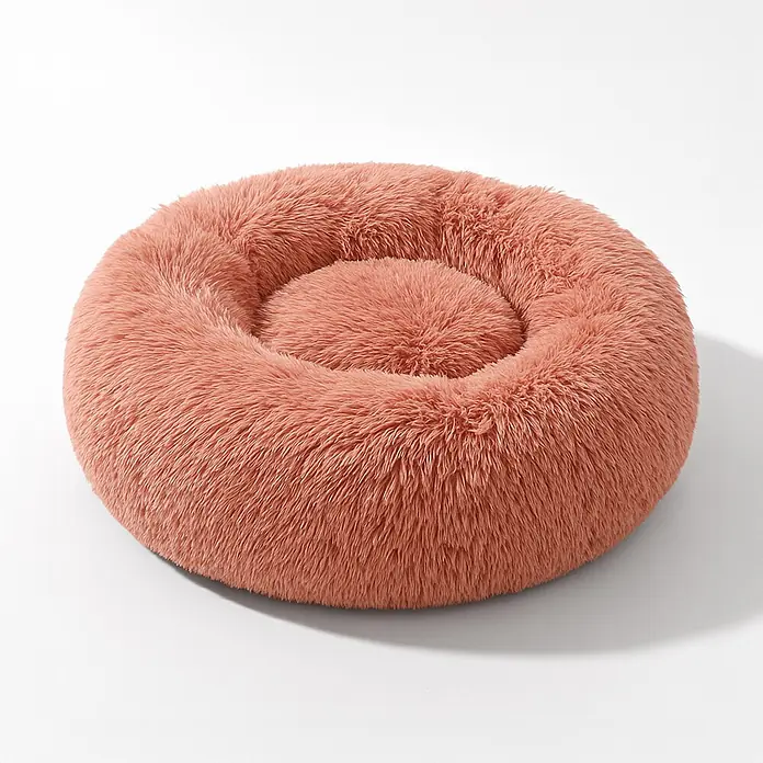 belviona Donut-Katzenbett 40 cm, flauschiges Plüschbett, lachs -  - Gemütliches rundes Haustierbett aus flauschigem Lachsrosa-Stoff mit erhöhtem Rand für Komfort.