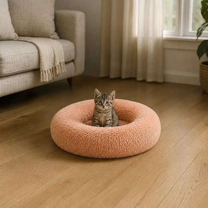 belviona Donut-Katzenbett 40 cm, flauschiges Plüschbett, lachs -  - Kleines getigertes Kätzchen in einem runden, flauschigen, pfirsichfarbenen Haustierbett auf Holzboden.