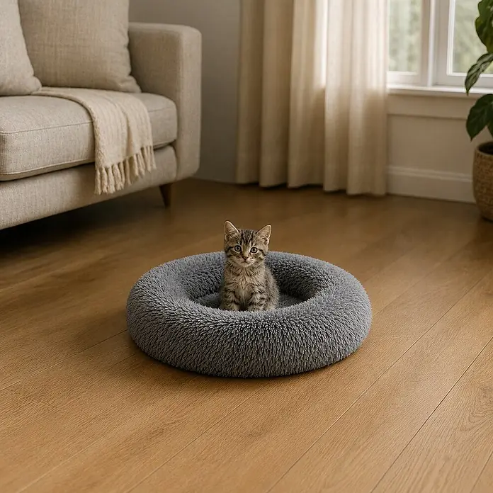 belviona Donut-Katzenbett 40 cm, flauschiges Plüschbett, anthrazit -  - Ein kleines getigertes Kätzchen sitzt gemütlich in einem runden, flauschigen grauen Haustierbett auf Holzboden.