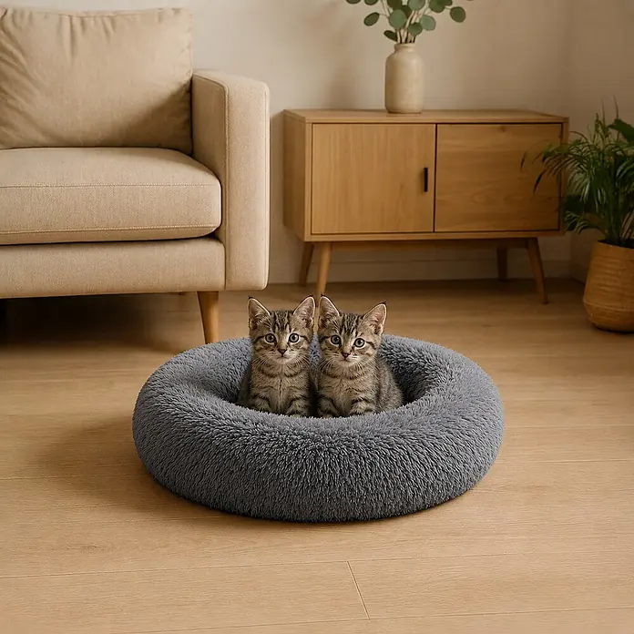 belviona Donut-Katzenbett 50 cm, flauschiges Plüschbett, anthrazit -  - Zwei Kätzchen in einem weichen, runden, flauschigen grauen Haustierbett.