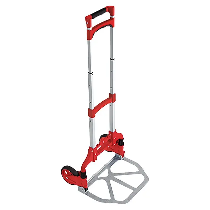 BAUHAUS Carretilla de mano - Aluminio, Capacidad de carga: 70 kg, Abatible - Un carro de mano plegable rojo y plateado. Perfecto para mover cargas fácilmente, robusto y ahorra espacio.