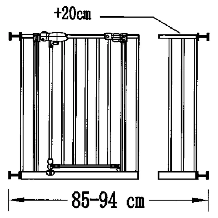 Sicherheitsgitter Premium - Höhe: 75 cm, 65 cm - 104 cm - Illustration eines ausziehbaren Türschutzgitters mit einer Breite von 85-94 cm und einer zusätzlichen Erweiterung von 20 cm.