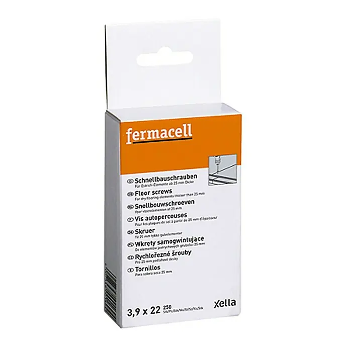 Fermacell Schnellbauschrauben - Durchmesser Kopf: 3,9 mm, Länge: 22 mm, 250 Stk. - Bild einer Packung Fermacell Schnellbauschrauben 3,9 x 22 mm, geeignet für Estrich-Elemente ab 25 mm Dicke.