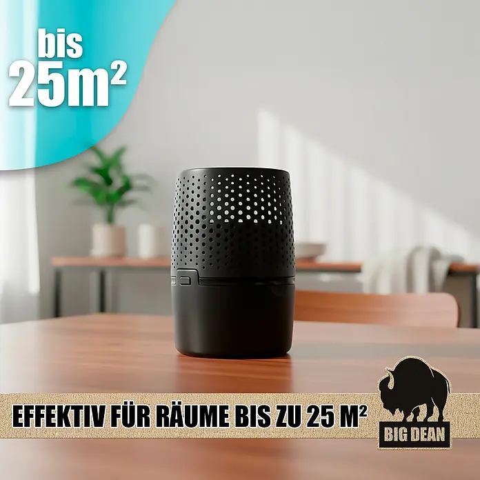 BigDean Luftentfeuchter-Nachfüllpack 2 Stk., 450 g -  - Schwarzes zylindrisches Gerät mit perforiertem Oberteil auf einem Holztisch, effektiv für Räume bis 25 m².