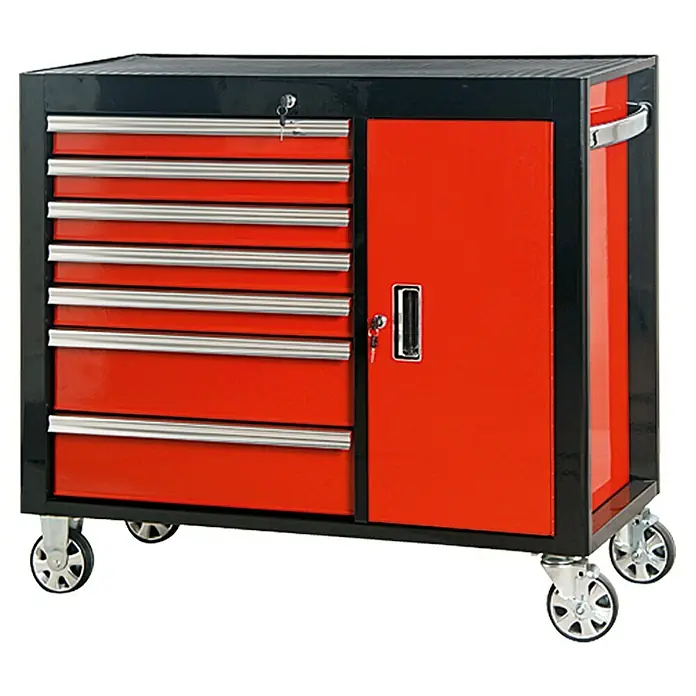 Wisent Carro portaherramientas Iron Edition 8T - Rojo/Negro, Acero, No incluye herramientas - Carro de herramientas móvil con cajones rojos y puerta con cerradura. El carro tiene un marco negro y ruedas.