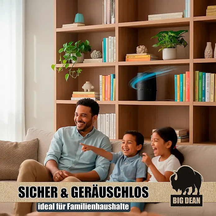 BigDean Luftentfeuchter-Nachfüllpack 2 Stk., 450 g -  - Schwarzer Luftreiniger/Ventilator auf Regal in gemütlichem Wohnzimmer, mit blauer Luft/Licht und Familie auf dem Sofa. Sicher und leise für Familien.