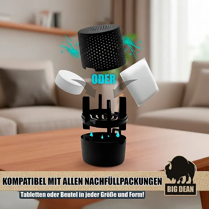BigDean Luftentfeuchter-Nachfüllpack 2 Stk., 450 g -  - Explosionsansicht eines schwarzen Entfeuchters mit Tablet- oder Beutel-Nachfüllung, kompatibel mit allen Nachfüllpackungen.