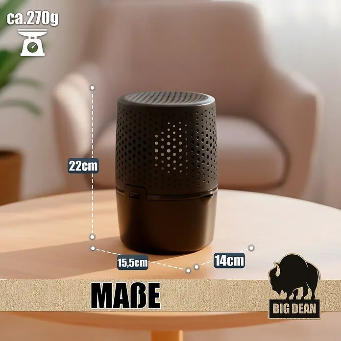 BigDean Luftentfeuchter-Nachfüllpack 2 Stk., 450 g -  - Schwarzes zylindrisches Gerät mit perforierter Oberseite auf einem Tisch, 22cm hoch, 15,5cm breit, 14cm tief, ca. 270g.