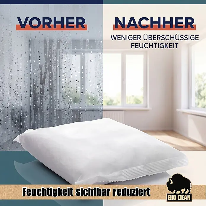 BigDean Luftentfeuchter-Nachfüllpack 24 Stk., 400 g -  - Weißer Feuchtigkeitsentzieher-Beutel zeigt reduzierte Feuchtigkeit, Kondensation am Fenster ist in einem Vorher-Nachher-Vergleich beseitigt.