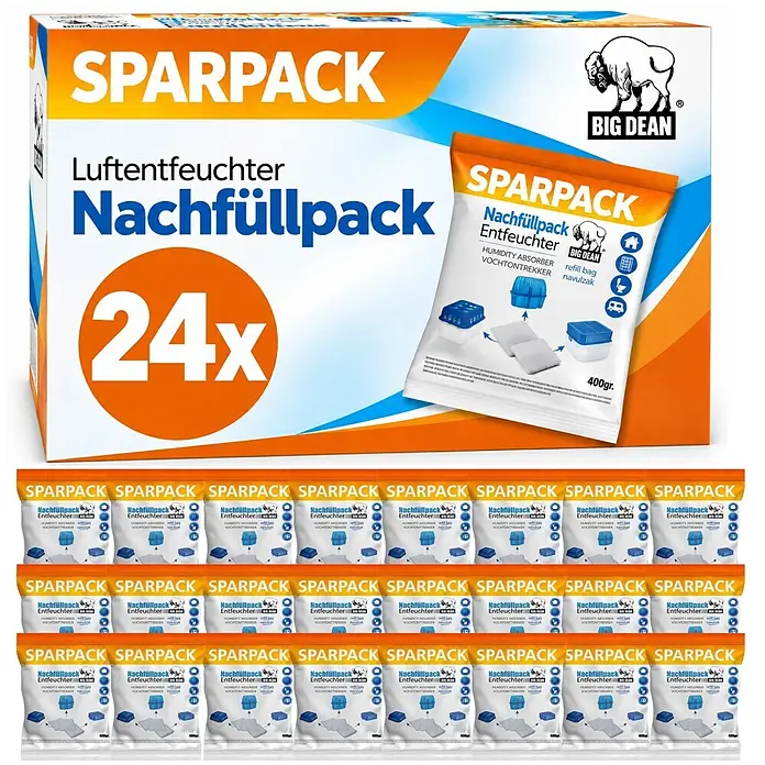 BigDean Luftentfeuchter-Nachfüllpack 24 Stk., 400 g -  - Big Dean 24x Sparpack Luftentfeuchter Nachfüllbeutel, 400g, orange-weiße Verpackung.