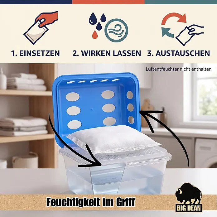 BigDean Luftentfeuchter-Nachfüllpack 24 Stk., 400 g -  - Blauer und transparenter Luftentfeuchter mit weißem Nachfüllbeutel und gesammeltem Wasser. Anwendungsicons sind dargestellt.