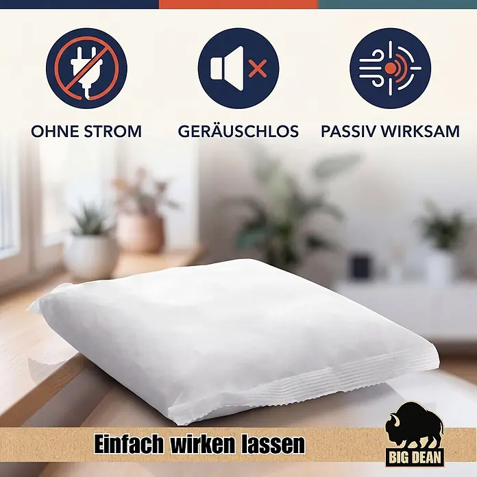 BigDean Luftentfeuchter-Nachfüllpack 24 Stk., 400 g -  - Weiße, rechteckige Packung, passiv wirksam, geräuschlos und stromlos. Liegt auf einer Holzfläche.