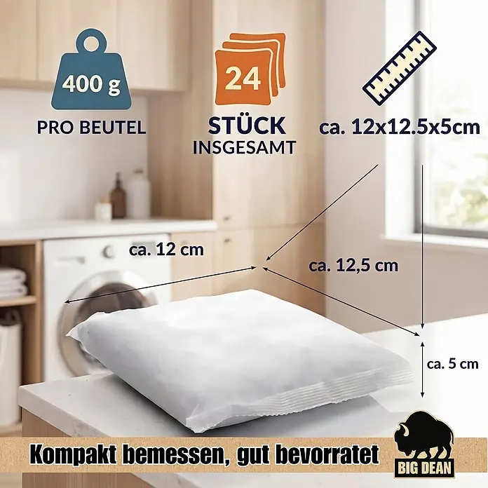 BigDean Luftentfeuchter-Nachfüllpack 24 Stk., 400 g -  - Weiße Tasche auf einer Theke, mit Text zu 400g, 24 Stück und Maßen von ca. 12x12.5x5cm. Sie ist kompakt und gut bevorratet.