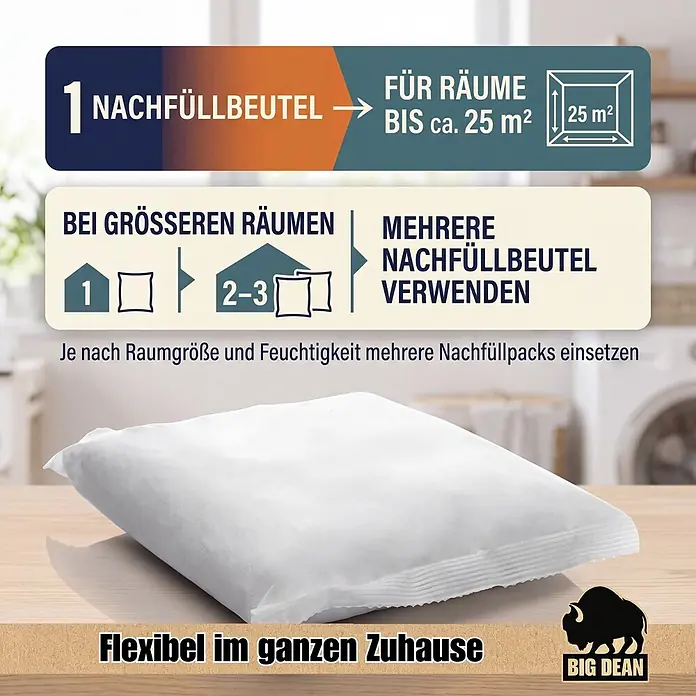 BigDean Luftentfeuchter-Nachfüllpack 24 Stk., 400 g -  - Weißer Nachfüllbeutel für Luftentfeuchter auf Holz, mit Anwendungshinweisen für verschiedene Raumgrößen.