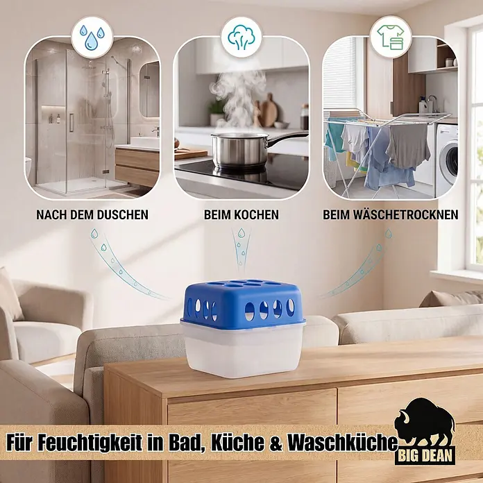 BigDean Luftentfeuchter-Set 4 Stk, Weiß -  - Blau-weißer Luftentfeuchter im Wohnzimmer, ideal gegen Feuchtigkeit nach Duschen, Kochen und Wäschetrocknen.