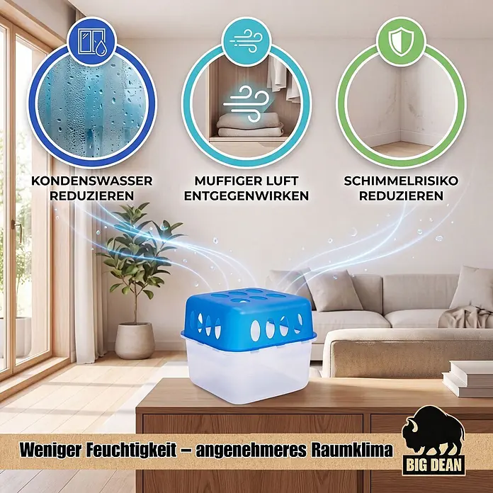 BigDean Luftentfeuchter-Set 4 Stk, Weiß -  - Blauer, durchsichtiger Luftentfeuchter auf einem Holztisch im Wohnzimmer, der Feuchtigkeit reduziert, muffige Luft beseitigt und Schimmelrisiko senkt.