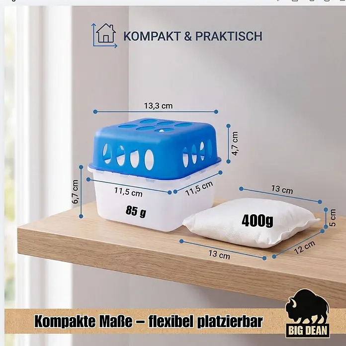 BigDean Luftentfeuchter-Set 4 Stk, Weiß -  - Blauer und weißer kompakter Luftentfeuchter mit weißem Feuchtigkeitsabsorberbeutel auf einem Regal, Produktmaße angezeigt.