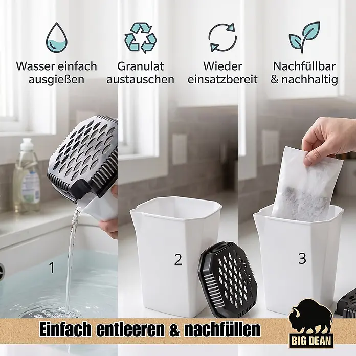 BigDean 4 x Luftentfeuchter-Nachfüllpack 4 Stk., 680 g -  - Weißer Kunststoff-Luftentfeuchter wird entleert und mit Granulatbeutel nachgefüllt.