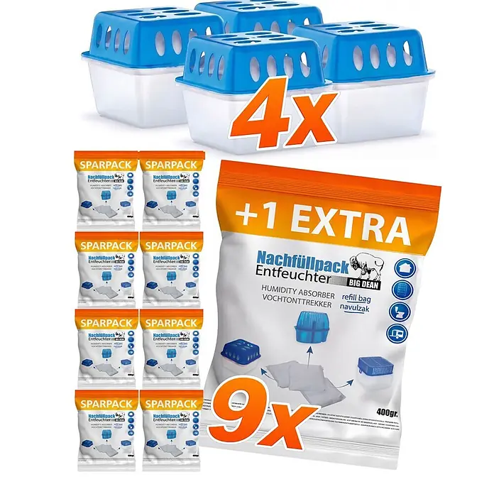 BigDean Luftentfeuchter-Set 4 Stk, Weiß -  - Vier blaue und weiße Luftentfeuchter mit mehreren orange-weißen Nachfüllbeuteln, die eine Großpackung zeigen.